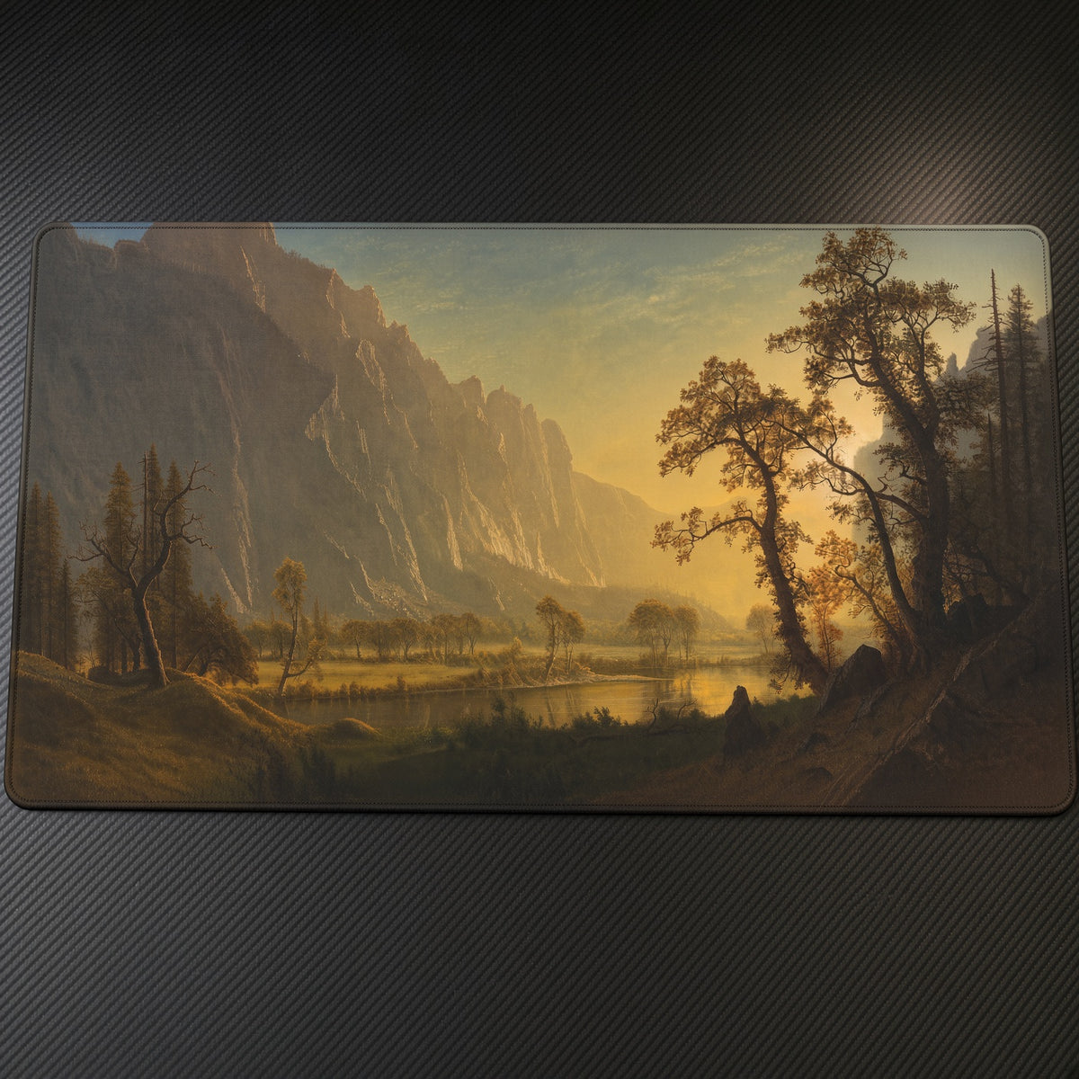 Sunrise, Yosemite Valley Albert Bierstadt Playmat on a gaming desk, top-down view