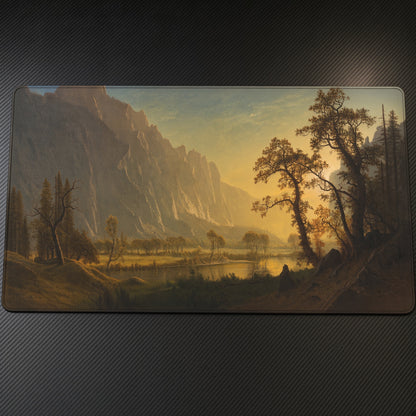 Sunrise, Yosemite Valley Albert Bierstadt Playmat on a gaming desk, top-down view