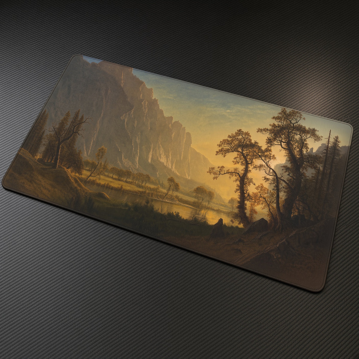 Sunrise, Yosemite Valley Albert Bierstadt Playmat at an angle on a gaming desk