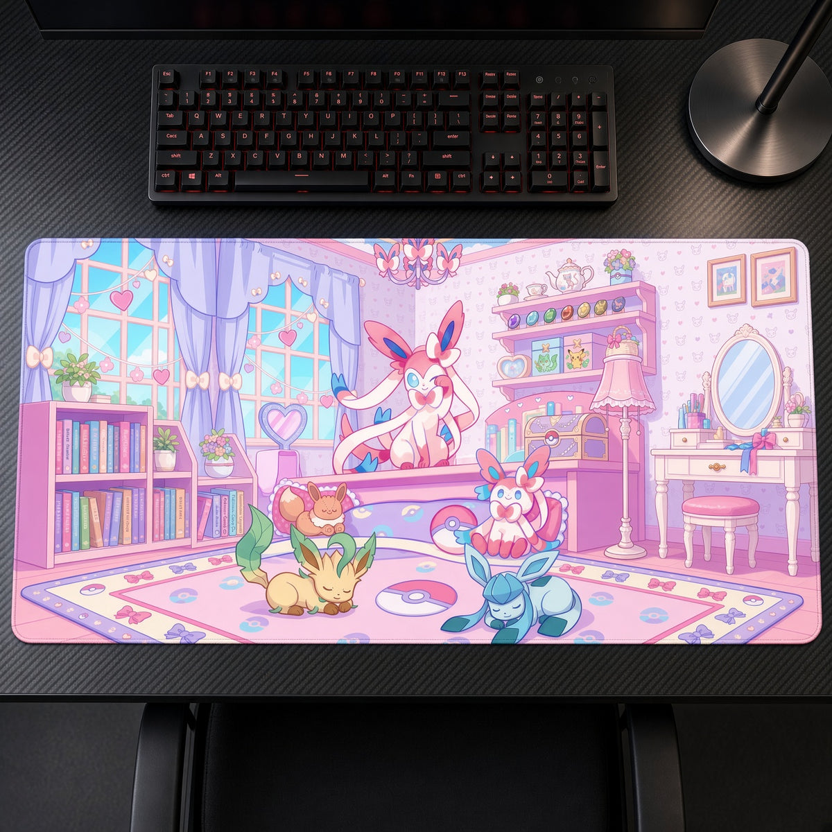 Sylveon Leafeon & Glaceon Eevee Room Pokémon Playmat on a gaming desk, top-down view