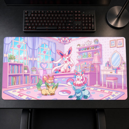 Sylveon Leafeon & Glaceon Eevee Room Pokémon Playmat on a gaming desk, top-down view