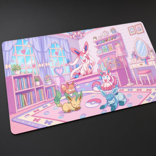 Sylveon Leafeon & Glaceon Eevee Room Pokémon Playmat at an angle with keyboard and mouse