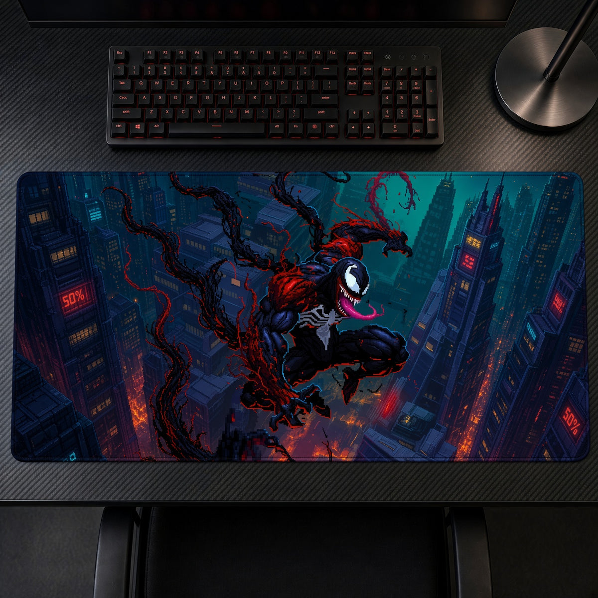 Symbiote Neon City Marvel Playmat on a gaming desk, top-down view