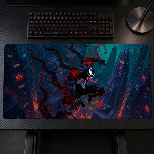 Symbiote Neon City Marvel Playmat on a gaming desk, top-down view