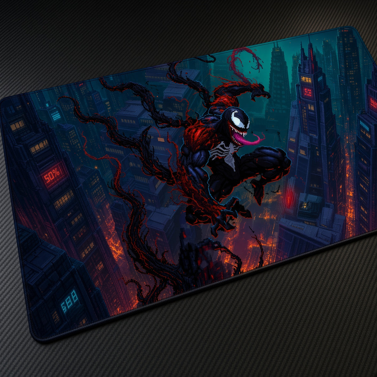 Symbiote Neon City Marvel Playmat at an angle on a gaming desk