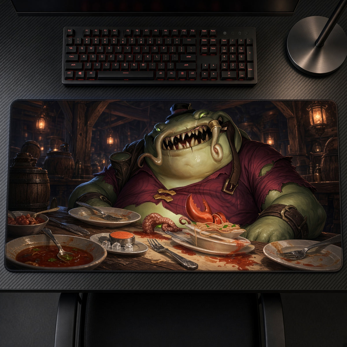 Tahm Kench Tavern Feast League of Legends Playmat on a gaming desk, top-down view
