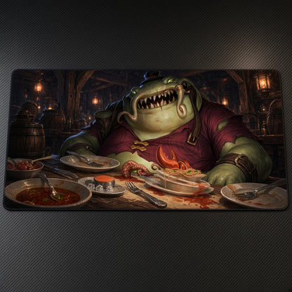 Tahm Kench Tavern Feast League of Legends Playmat at an angle on a gaming desk