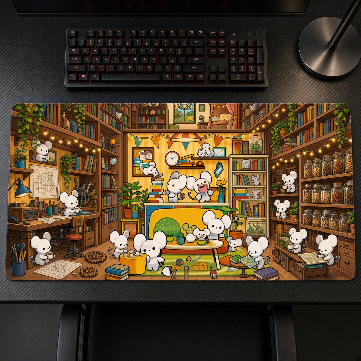 Tandemaus Cozy Library Pokémon Playmat on a gaming desk, top-down view