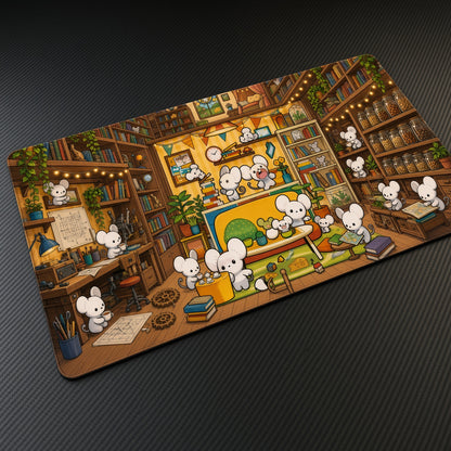 Tandemaus Cozy Library Pokémon Playmat at an angle with keyboard and mouse