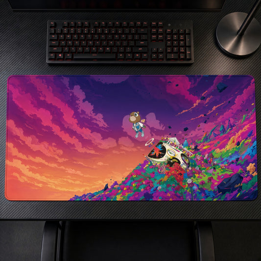 Teddy Bear Rainbow Hills Playmat on a gaming desk, top-down view