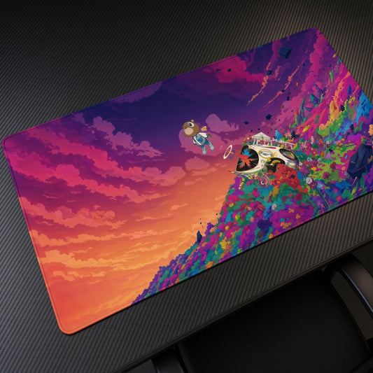 Teddy Bear Rainbow Hills Playmat at an angle on a gaming desk