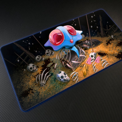 Tentacool Sunken Treasure Pokémon Playmat at an angle on a gaming desk