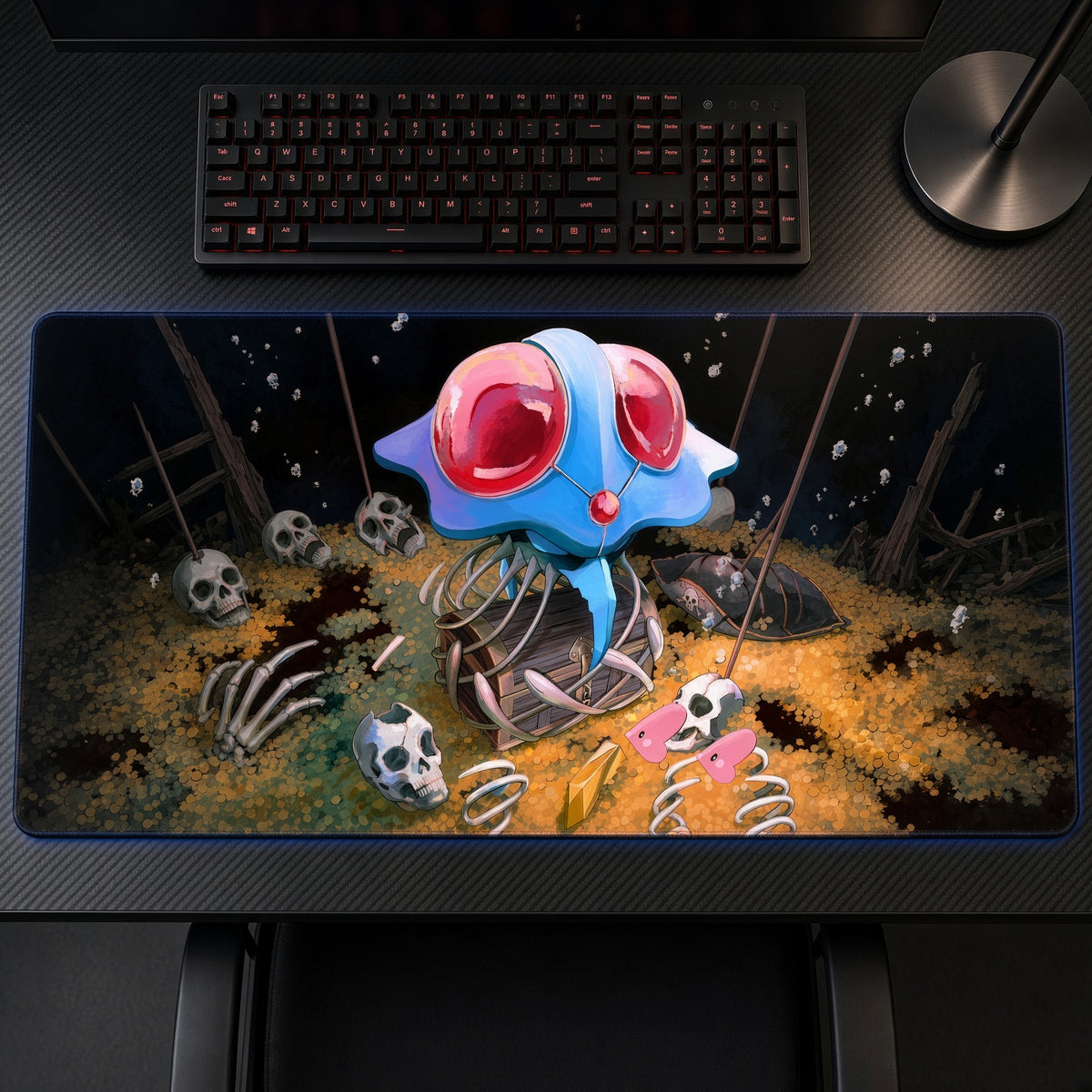Tentacool Sunken Treasure Pokémon Playmat on a gaming desk, top-down view