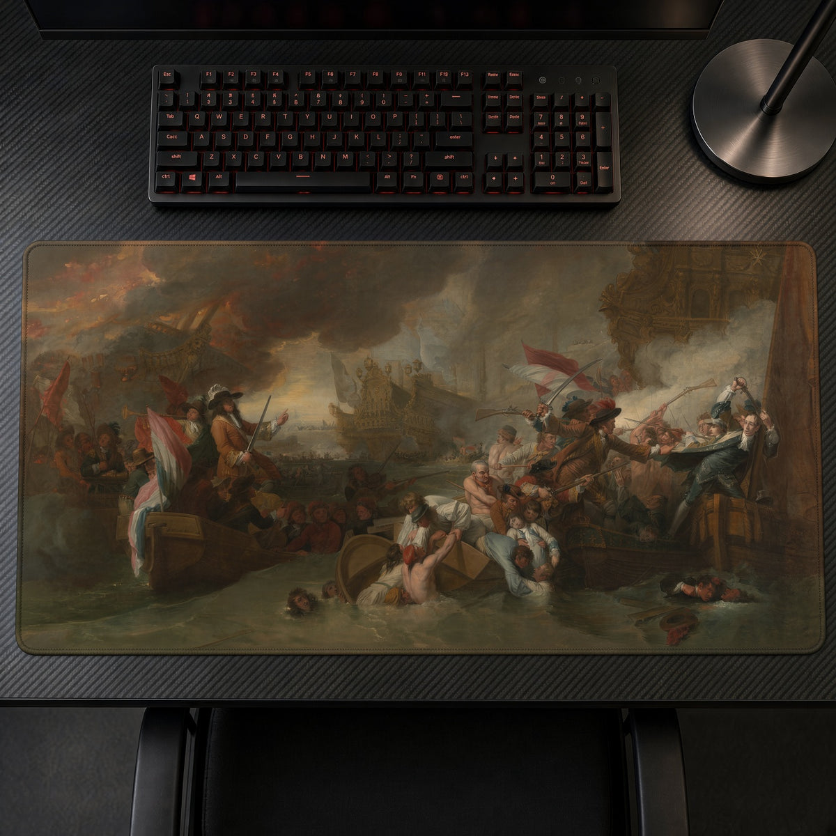 The Battle of La Hogue Benjamin West Playmat on a gaming desk, top-down view