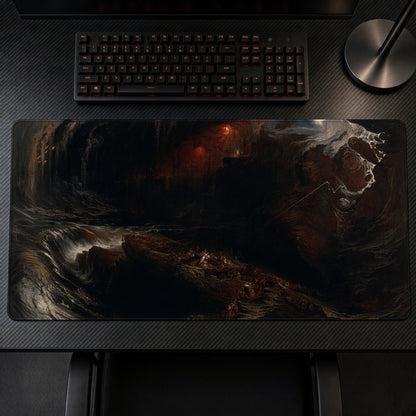 The Deluge John Martin Playmat on a gaming desk, top-down view