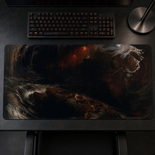 The Deluge John Martin Playmat on a gaming desk, top-down view