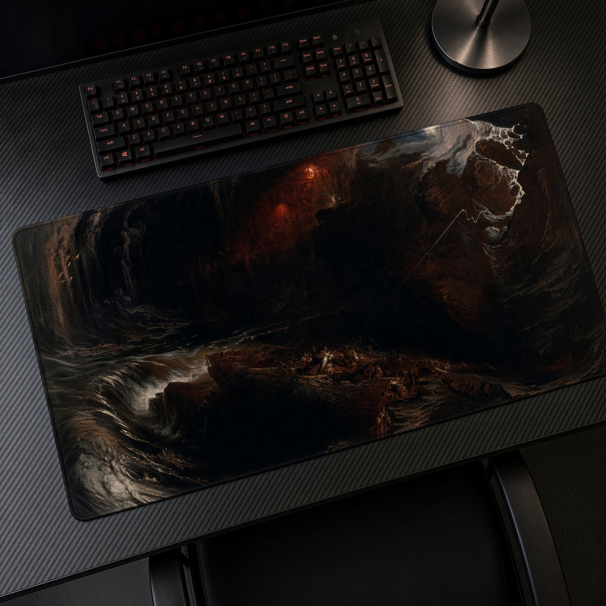 The Deluge John Martin Playmat at an angle on a gaming desk