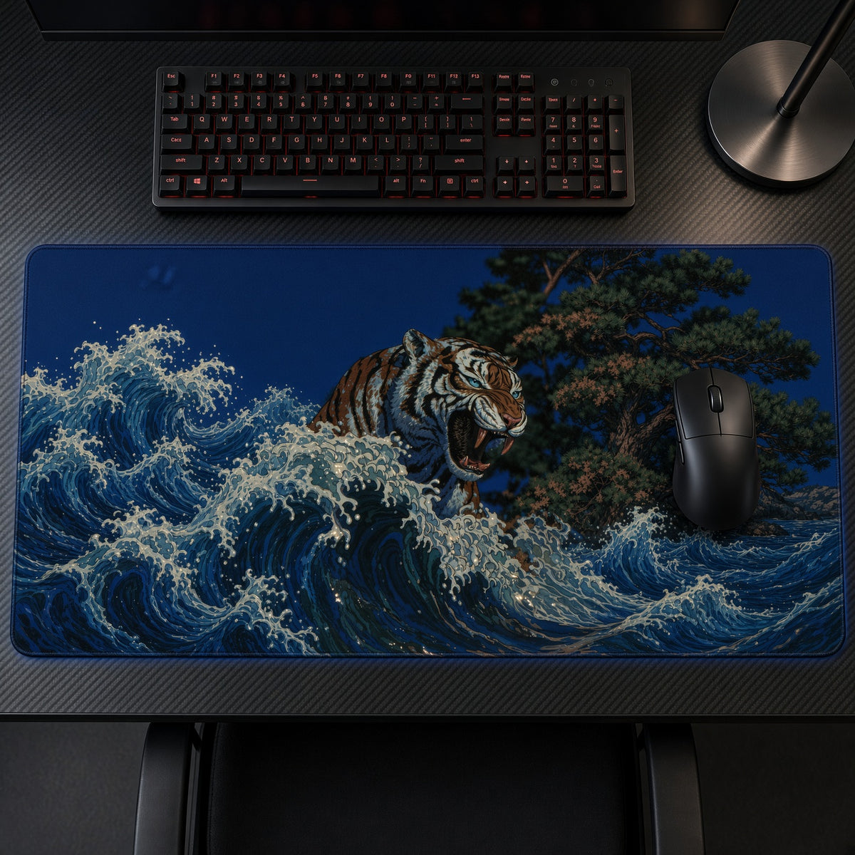 Tiger Great Wave Japanese Art Playmat on a gaming desk, top-down view