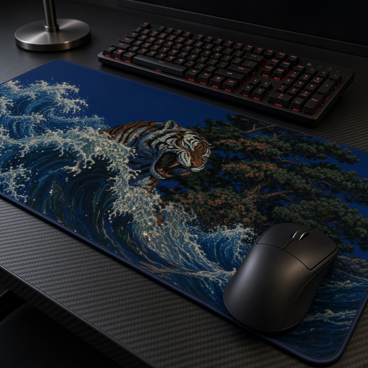 Tiger Great Wave Japanese Art Playmat at an angle with keyboard and mouse