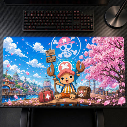 Tony Tony Chopper Cherry Blossom One Piece Playmat on a gaming desk, top-down view