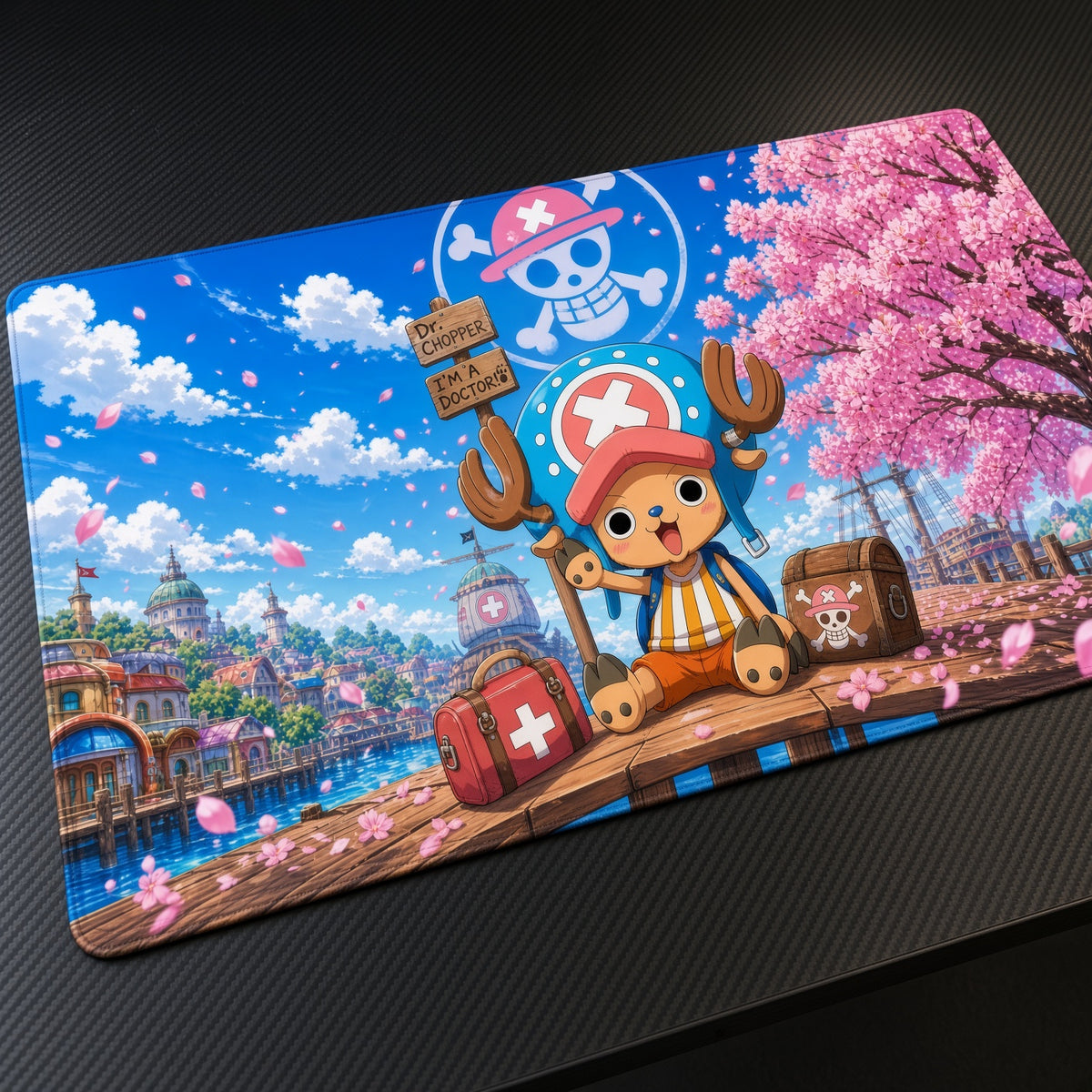 Tony Tony Chopper Cherry Blossom One Piece Playmat at an angle on a gaming desk