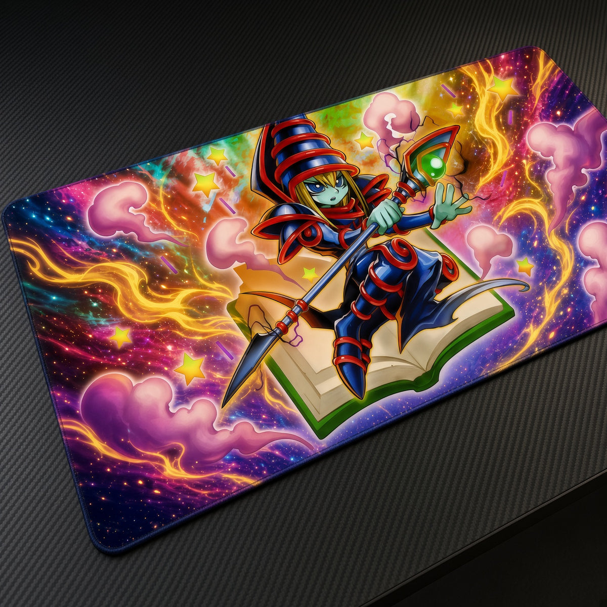 Toon Dark Magician Spellbook Yu-Gi-Oh Playmat at an angle on a gaming desk