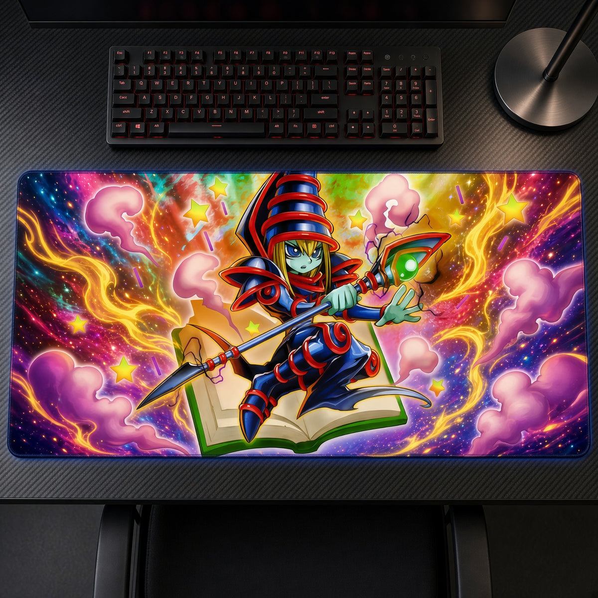 Toon Dark Magician Spellbook Yu-Gi-Oh Playmat on a gaming desk, top-down view