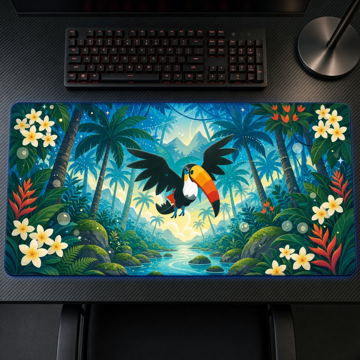 Toucannon Tropical Jungle Pokémon Playmat on a gaming desk, top-down view