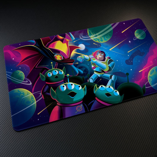 Toy Story Aliens and Buzz Lightyear Space Playmat at an angle on a gaming desk