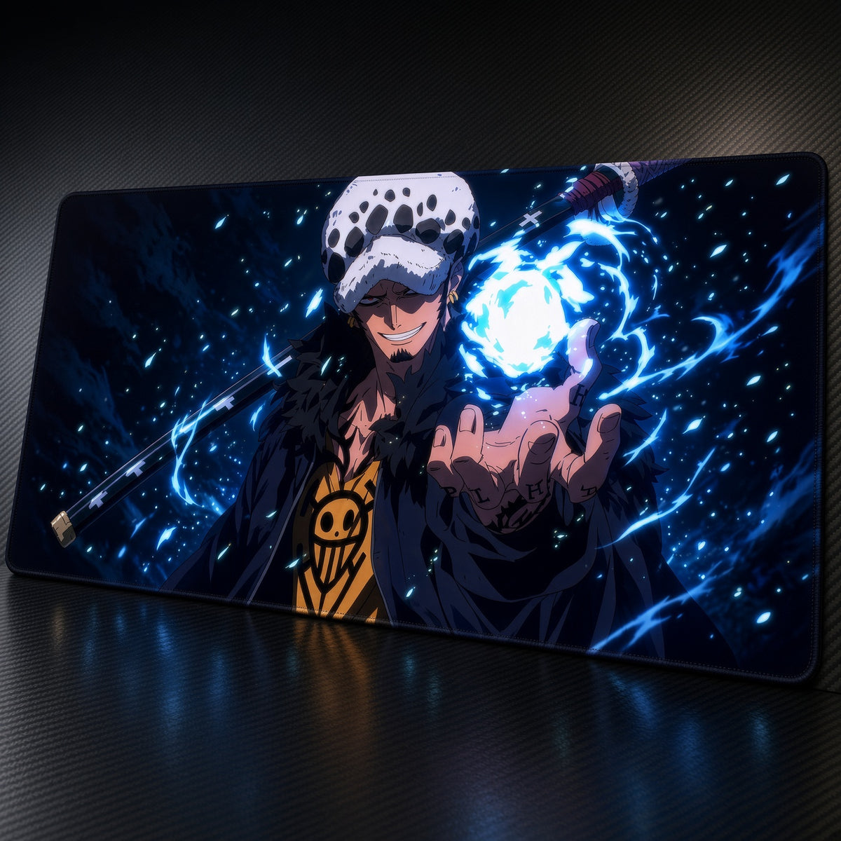 Trafalgar Law One Piece Playmat at an angle on a gaming desk