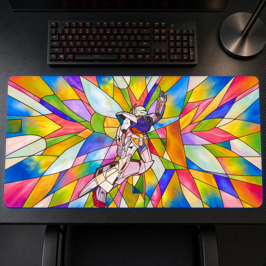 Turn A Gundam Stained Glass Playmat on a gaming desk, top-down view