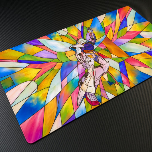 Turn A Gundam Stained Glass Playmat at an angle on a gaming desk