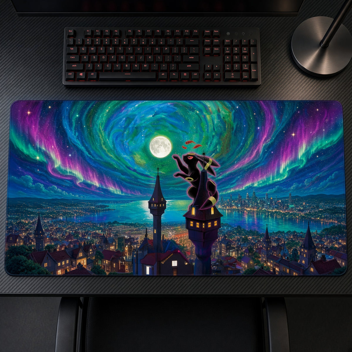 Umbreon Aurora City Pokémon Playmat on a gaming desk, top-down view