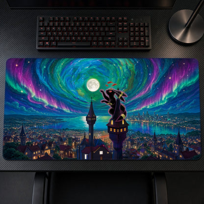 Umbreon Aurora City Pokémon Playmat on a gaming desk, top-down view