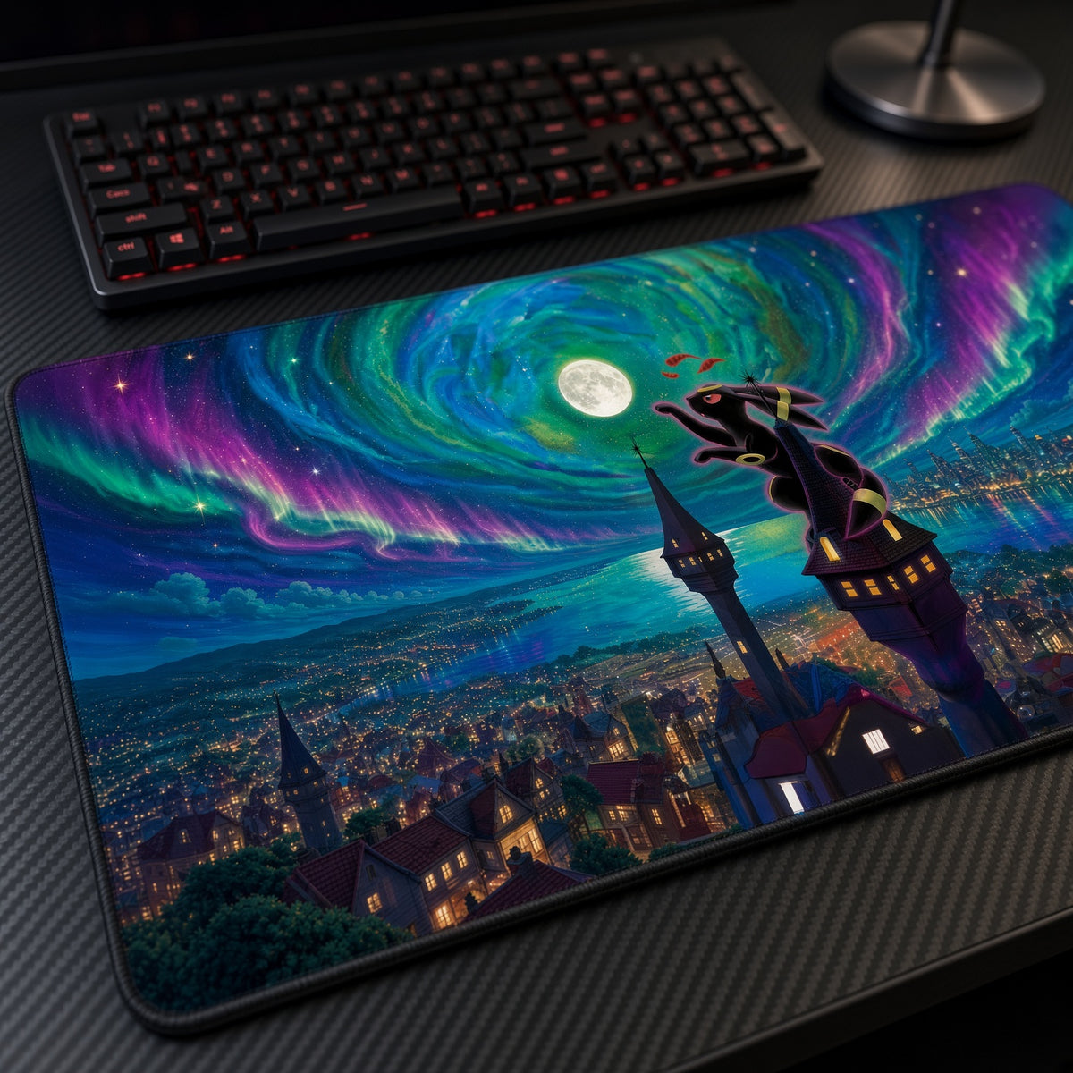 Umbreon Aurora City Pokémon Playmat at an angle with keyboard and mouse