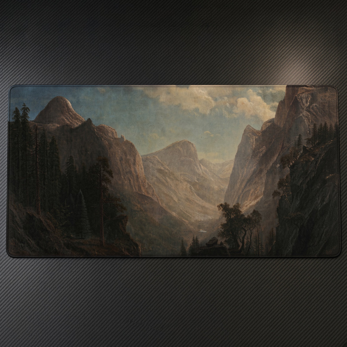 View in the Yosemite Valley Albert Bierstadt Playmat on a gaming desk, top-down view