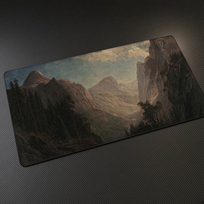 View in the Yosemite Valley Albert Bierstadt Playmat at an angle on a gaming desk