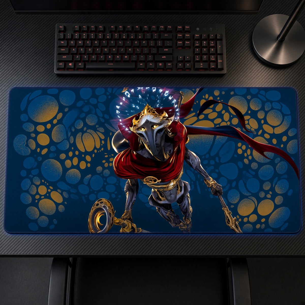 Viktor Arcane League of Legends Playmat on a gaming desk, top-down view
