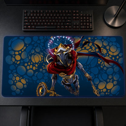 Viktor Arcane League of Legends Playmat on a gaming desk, top-down view