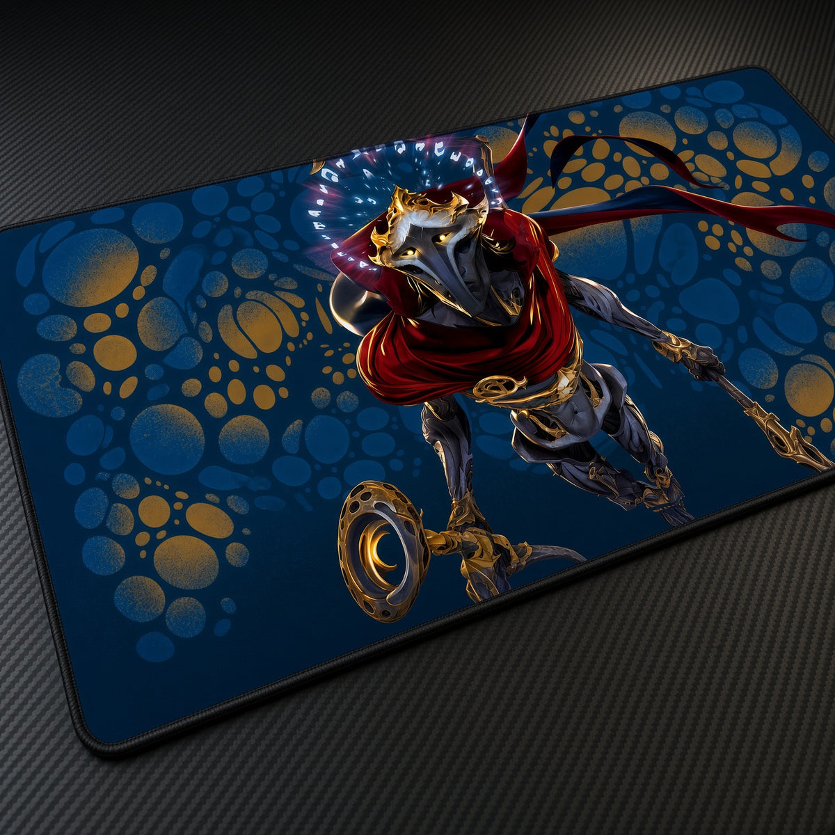 Viktor Arcane League of Legends Playmat at an angle on a gaming desk