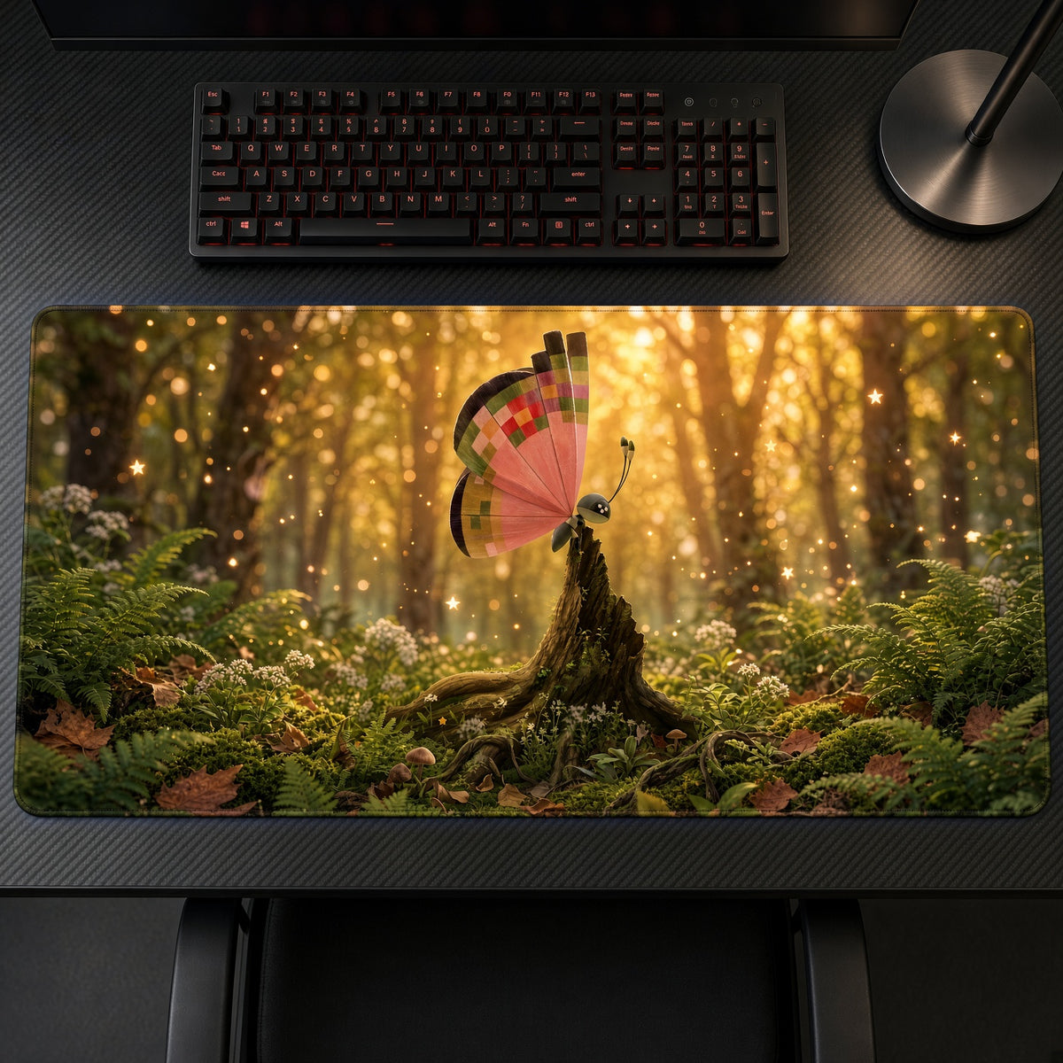 Vivillon Sunlit Forest Pokémon Playmat on a gaming desk, top-down view