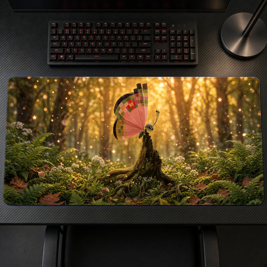 Vivillon Sunlit Forest Pokémon Playmat on a gaming desk, top-down view