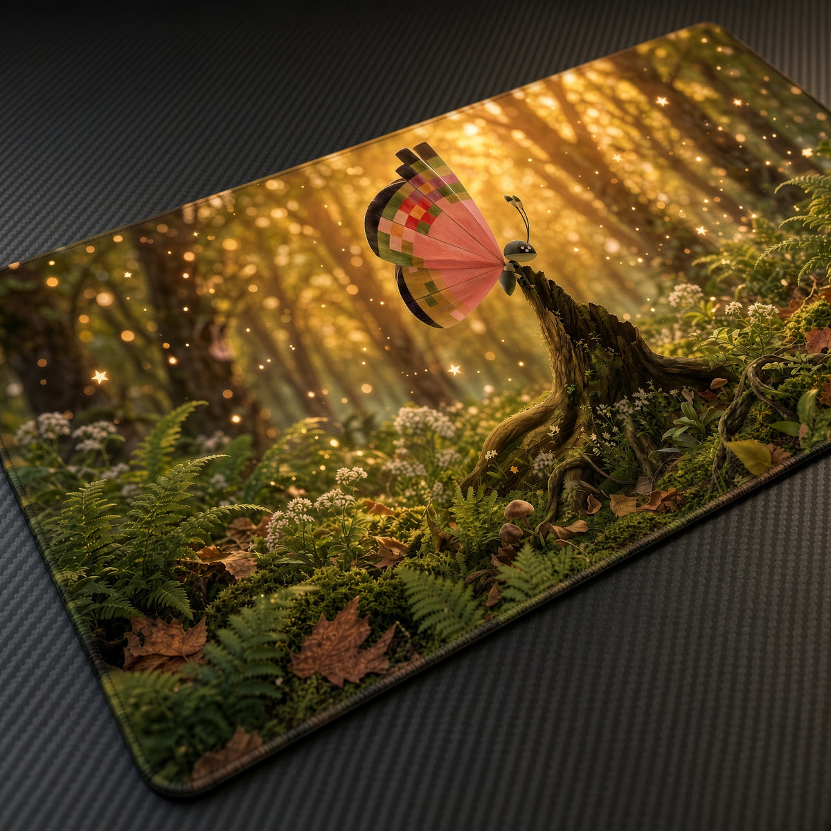 Vivillon Sunlit Forest Pokémon Playmat at an angle on a gaming desk