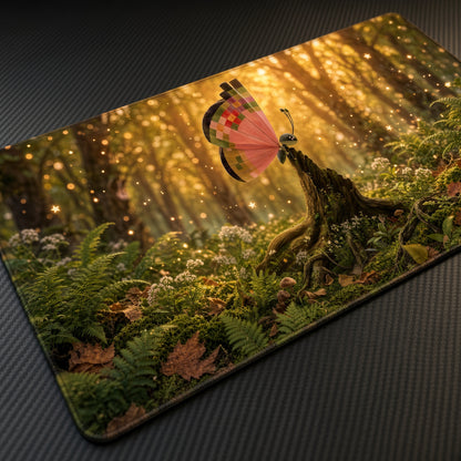 Vivillon Sunlit Forest Pokémon Playmat at an angle on a gaming desk