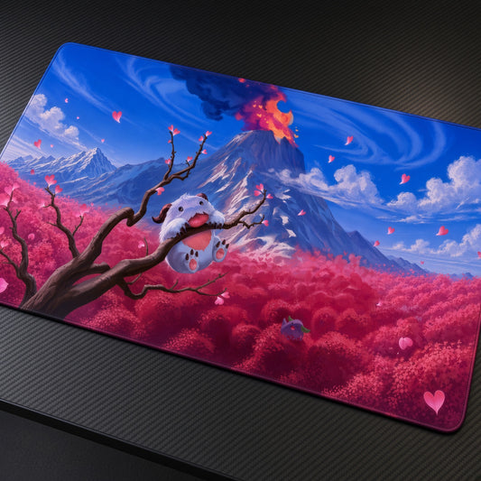 Volcano Pink Blossom Landscape Playmat at an angle on a gaming desk
