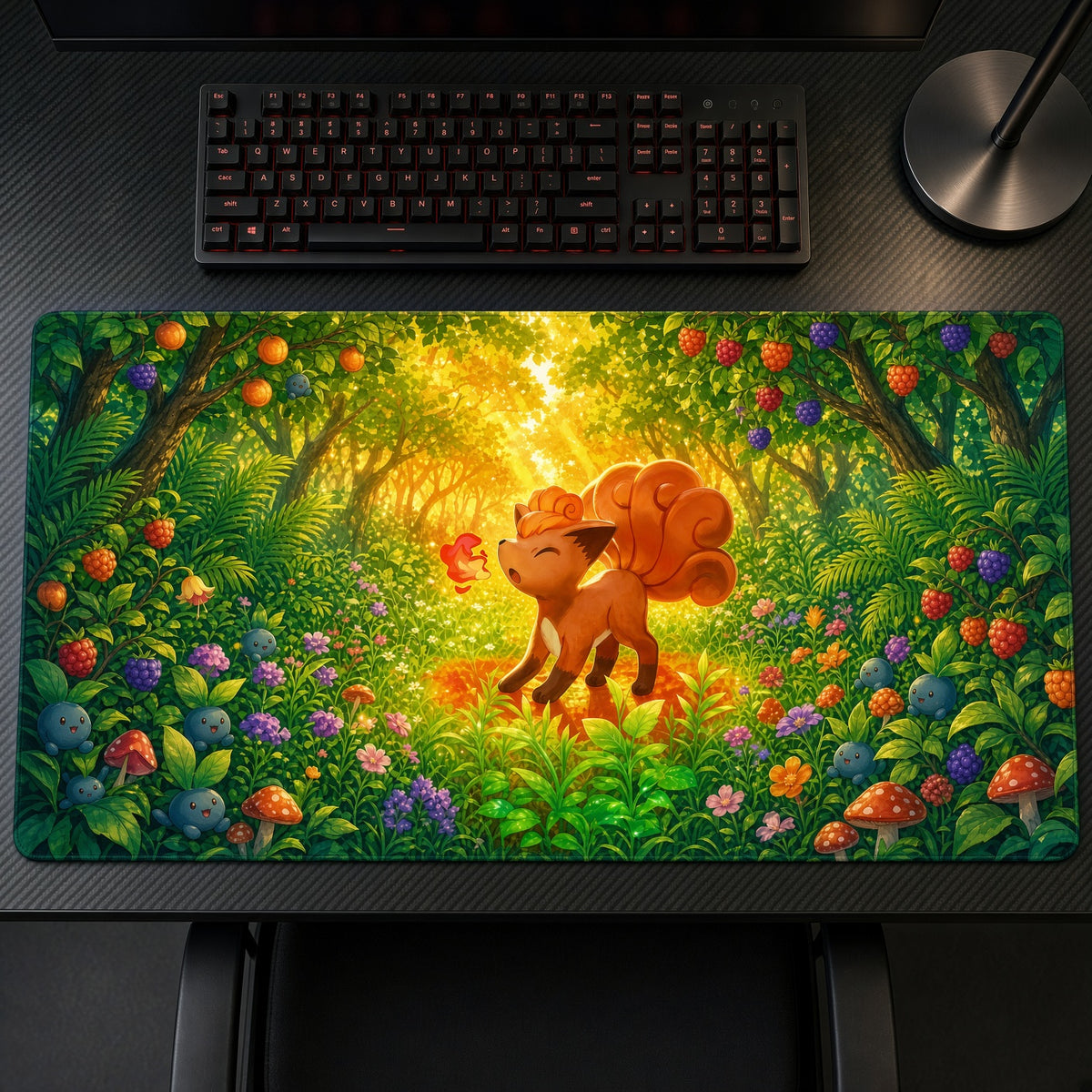 Vulpix Berry Forest Pokémon Playmat on a gaming desk, top-down view