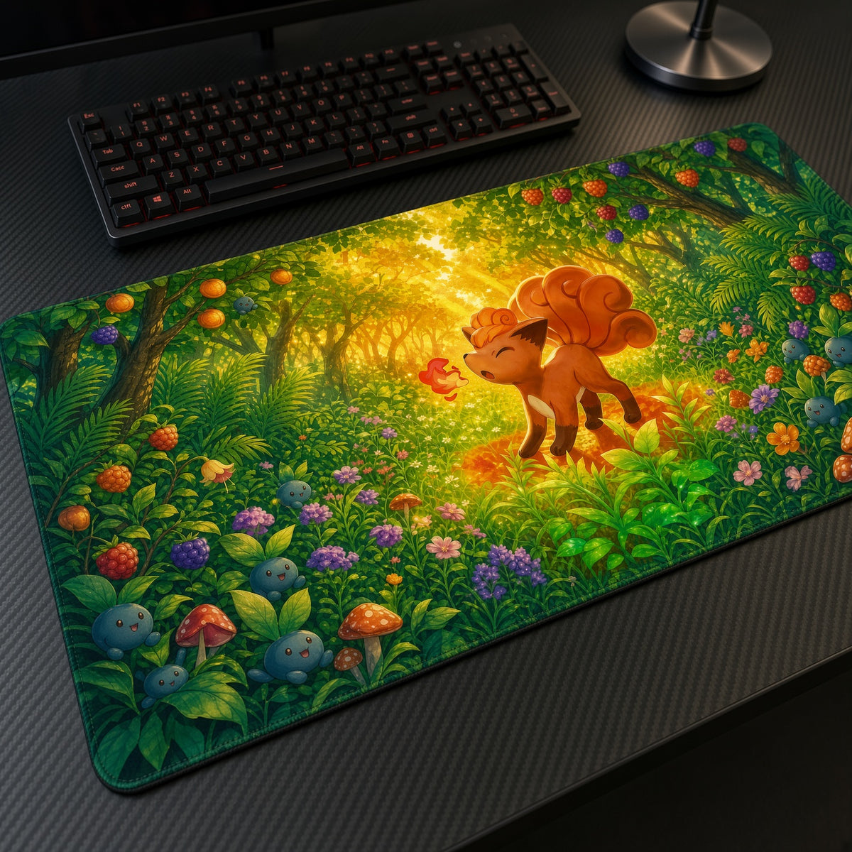 Vulpix Berry Forest Pokémon Playmat at an angle on a gaming desk