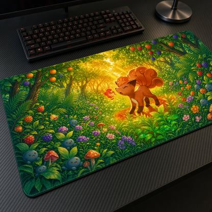 Vulpix Berry Forest Pokémon Playmat at an angle on a gaming desk
