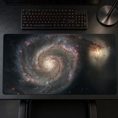 Whirlpool Galaxy M51 (Hubble) Space Playmat on a gaming desk, top-down view