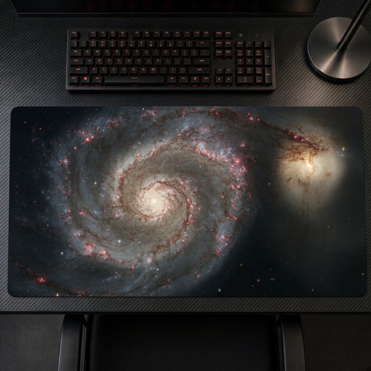 Whirlpool Galaxy M51 (Hubble) Space Playmat on a gaming desk, top-down view
